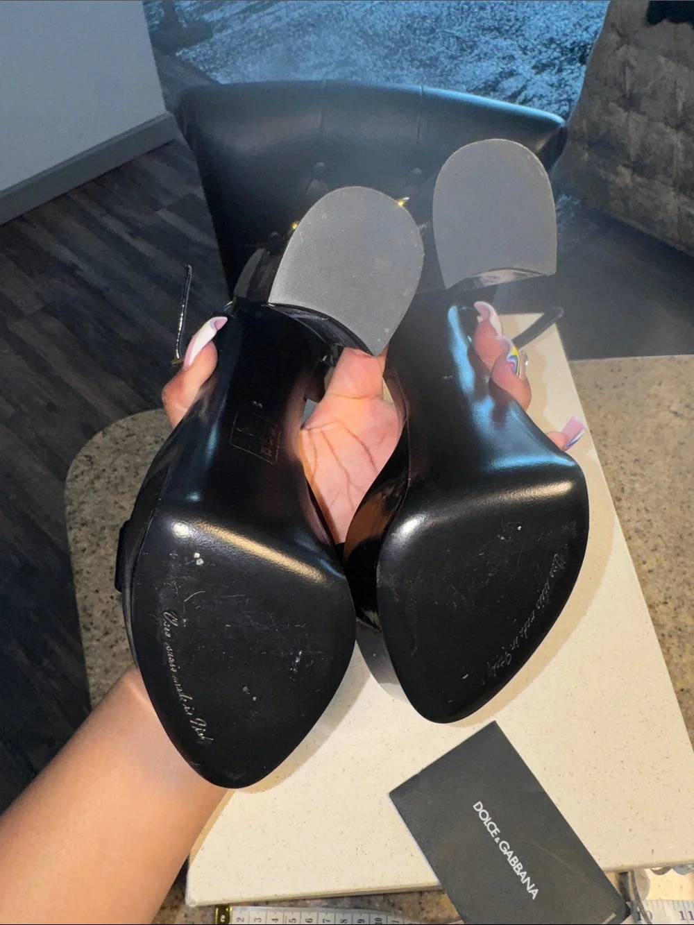 Dolce & Gabbana Black Patent Platform Block-Heel Sandals with Gold Logo